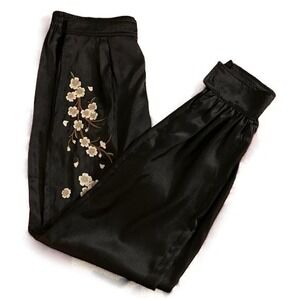 Daya by Zendaya Black Satin Floral Embroidered Jogger Pants Size M